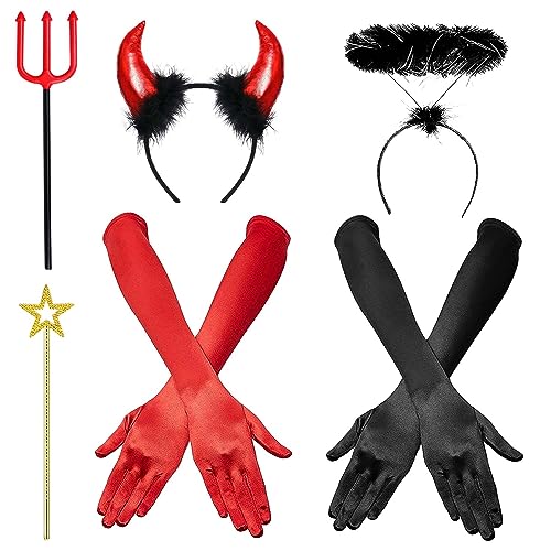 iZoeL Teufel Haarreifen Teufelshörner Teufelsohren +Schwarz Heiligenschein Handschuhe Heugabel Zauberstab Teufel Kostüm Accessorie,Damen Mädchen Faschingkostüme Karneval Fasching Halloween von iZoeL