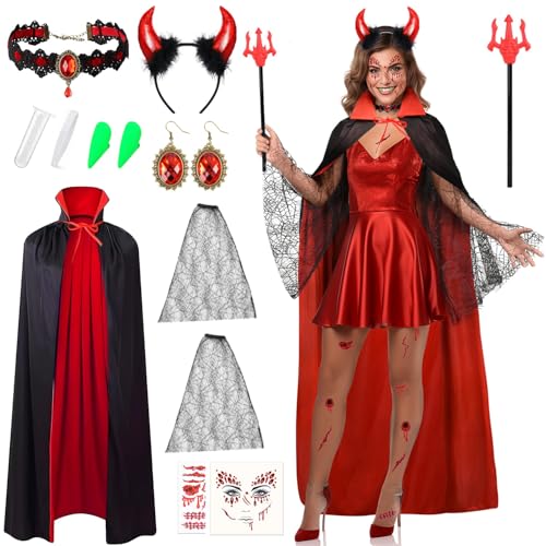 iZoeL Halloween Teufel/Vampir Kostüm Damen,Teufel umhang roter Kapuzenumhang Haarreif Teufelshörner Gotische Teufelskette Tattoo Teufel kostüm Accessorie, Halloween Fasching Mottoparty Karneval von iZoeL