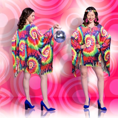 iZoeL Hippie Kostüm Damen, 70er 80er Jahre Kostüm Hippie Poncho Oberteil Bluse Kleid Batik Stirnband Peace Halskette Orringe Brille Tasche, Damen 70er Jahre Bekleidung Karneval Fasching Mottoparty von iZoeL
