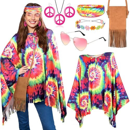 iZoeL Hippie Kostüm Damen, 70er 80er Jahre Kostüm Hippie Poncho Oberteil Bluse Kleid Batik Stirnband Peace Halskette Orringe Brille Tasche, Damen 70er Jahre Bekleidung Karneval Fasching Mottoparty iZoeL Hippie Kostüm Damen, 70er 80er Jahre Kostüm Hippie Poncho Oberteil Bluse Kleid Batik Stirnband Peace Halskette Orringe Brille Tasche, Damen 70er Jahre Bekleidung Karneval Fasching Mottoparty von iZoeL