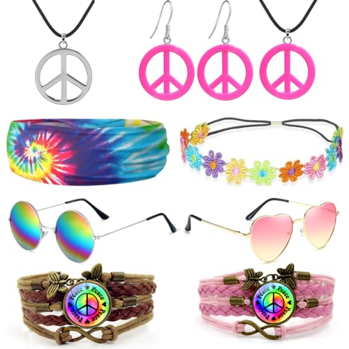 iZoeL Hippie Kostüm Set, Hippie Brille Peace Halskette Anhänger Batik Stirnband Hippie Armbänder Paar-Hippie Set, Fasching Kostüm Damen Herren 80er 90er Jahre Motto Party Halloween Fasching Karneval von iZoeL