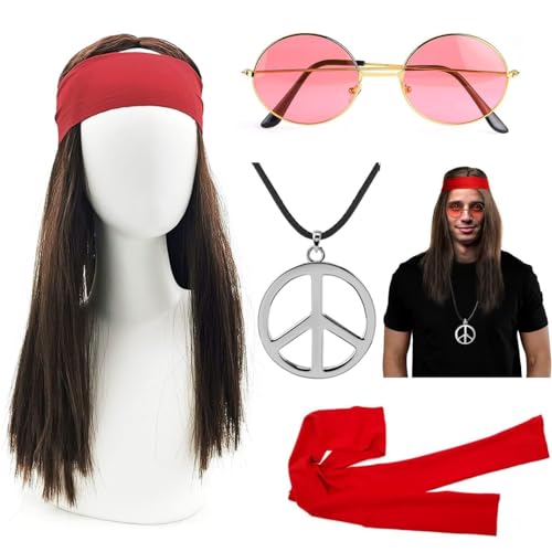 iZoeL Hippie Kostüm Set 4tgl. Perücke + Sonnenbrille + Peace Halskette Anhänger + Stirnband, Männer Karneval Fasching Perücke Faschingkostüme Herren 70er 80er Jahre Mottoparty Karneval Halloween von iZoeL