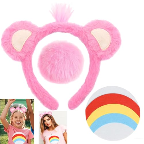 iZoeL Karneval Bär kostüm Kinder Damen, Bärenohren Haarreif Schwanz Vierblättriges Kleeblattaufkleber Karneval Kostüm Accessorie, Bär Kopfbedeckung Faschingskostüme Halloween Mottoparty Rosa von iZoeL