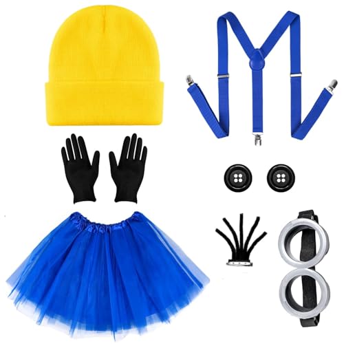 iZoeL Karneval Gelbes Kostüm Damen Mädchen, Gelb Mütze Tutu Rock Brille Handschuhe Knöpfe Hosenträger Cosplay Kostüm Accessorie, Damen Mädchen Faschingskostüme Karneval Cospaly Mottoparty von iZoeL