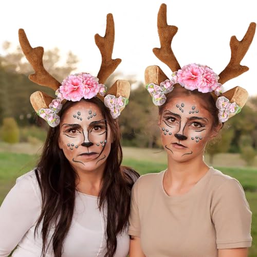 iZoeL Karneval Kostüm Damen Mädchen, Haarreif Reh Geweih Hörner mit Blumen + Reh Gesichtstattoo, Damen Kinder Reh kostüm Kopfschmuck Haarreifen Fasching Mottoparty Cosplay Halloween iZoeL Karneval Kostüm Damen Mädchen, Haarreif Reh Geweih Hörner mit Blumen + Reh Gesichtstattoo, Damen Kinder Reh kostüm Kopfschmuck Haarreifen Fasching Mottoparty Cosplay Halloween von iZoeL