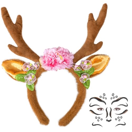iZoeL Karneval Kostüm Damen Mädchen, Haarreif Reh Geweih Hörner mit Blumen + Reh Gesichtstattoo, Damen Kinder Reh kostüm Kopfschmuck Haarreifen Fasching Mottoparty Halloween kostüm von iZoeL
