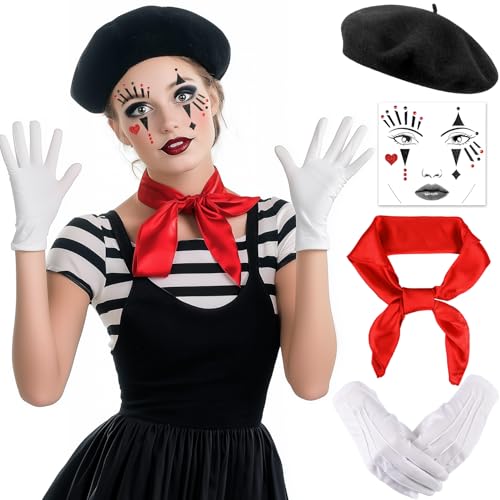 iZoeL Karneval Pantomime Kostüm Damen Herren, Schwarze Baskenmütze Rote Tücher Weiße Handschuhe Gesichtstattoo, Damen Herren Faschingskostüme Karneval Mottoparty von iZoeL