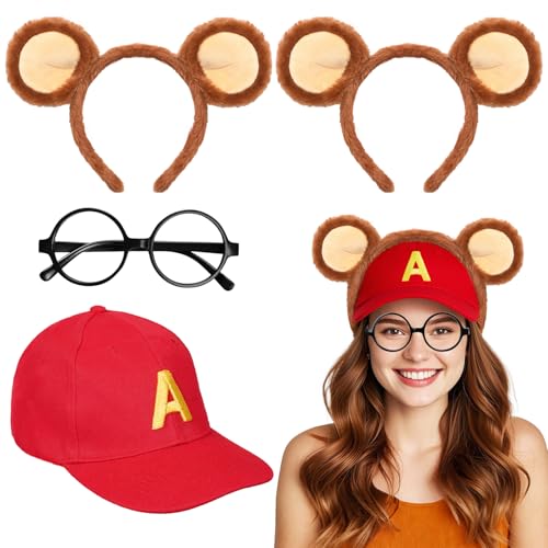 iZoeL Karneval Streifenhörnchen Kostüm Damen Kinder: Chipmunks Ohren Haarreifen, Rote Mütze mit Brief 'A', schwarze Brille - Damen & Kinder Kostüm für Karneval, Fasching, Mottoparty, Halloween von iZoeL