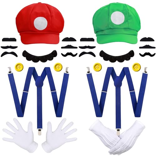 iZoeL Mario Bros Mario und Luigi Hüte Kappen Schnurrbärte Handschuhe Knöpfe Hosenträger Cosplay Kostüm Accessorie für Faschingkostüme Damen Herren Kind Halloween Outfits Karneval Kostüm von iZoeL