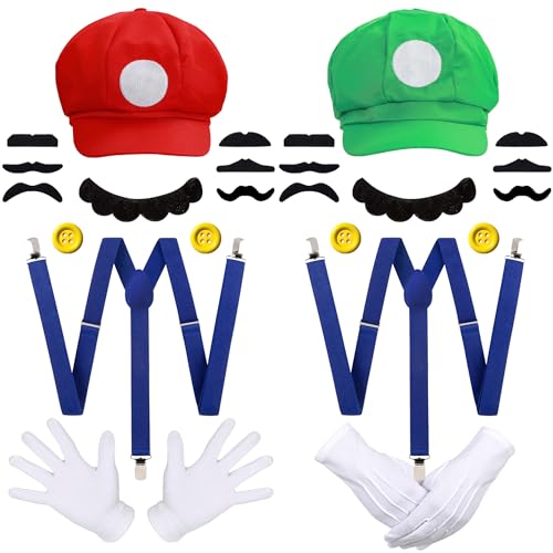 iZoeL Mario und Lui gi Kostüm Hüte Kappen Schnurrbärte Handschuhe Knöpfe Hosenträger Cosplay Kostüm Accessorie für Faschingkostüme Damen Herren Kind Halloween Outfits Karneval Kostüm von iZoeL