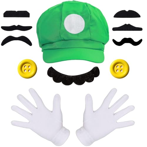 iZoeL Mario und Lui gi Kostüm Accessories Mütze Hut Handschuhe Bart gelbe Knöpfe Faschingkostüme für Fasching Karneval Halloween Cosplay Mottoparty Kostüm für Kinder Damen Herren von iZoeL