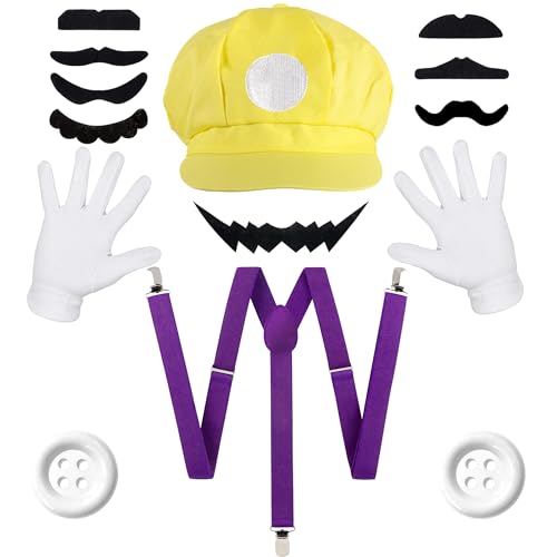 iZoeL Mario Kostüm Accessories, Gelbe Mario Mütze Hut Schnurrbart Handschuhe Knöpfe Hosenträger Herren Damen Faschingkostüme Karneval Halloween Cosplay Mottoparty Kostüm von iZoeL