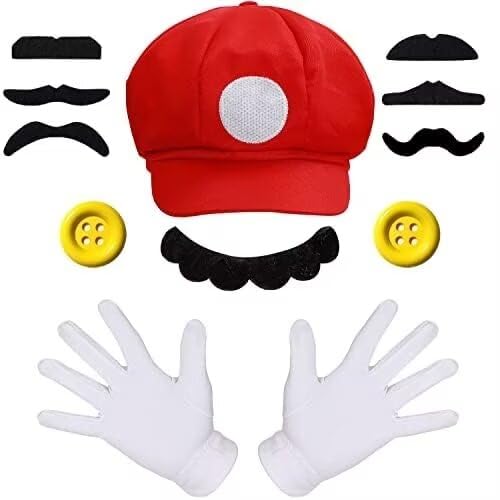 iZoeL Mario Luigi Kostüm Accessories Mütze Hut Handschuhe Bart gelbe Knöpfe Faschingkostüme für Fasching Karneval Halloween Cosplay Mottoparty Kostüm für Kinder Damen Herren von iZoeL