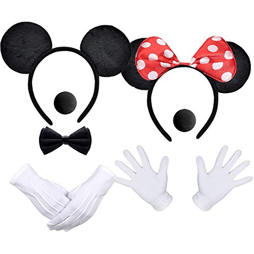 iZoeL 2Stk Haarreifen mit Maus Ohren Rote Schleife und Schwarz + 2 weiße Handschuhe + 2 Nase + 1 Fliege Schleife,Fasachingkostüme Accessoire Karneval Mottoparty Cosplay Halloween von iZoeL