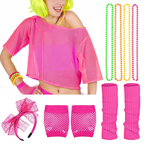 iZoeL Neon Netz Shirt 10tgl. 80er Jahre Outfit Accessoires Haarreif Halskette Handschuhe Beinstulpen 80er Kostüm Accessoires Halloween karneval Cosplay party von iZoeL