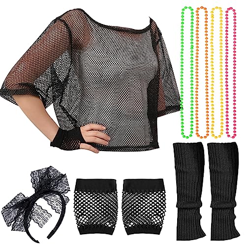 iZoeL Neon Netz Shirt 10tgl. 80er Jahre Outfit Accessoires Haarreif Halskette Handschuhe Beinstulpen 80er Kostüm Accessoires Halloween Karneval Cosplay Party von iZoeL