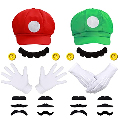 iZoeL Mario Luigi Kostüm Accessories Mütze Hut Handschuhe Bart gelbe Knöpfe Faschingkostüme Karneval Mottoparty Halloween Cosplay für Kinder Damen Herren von iZoeL