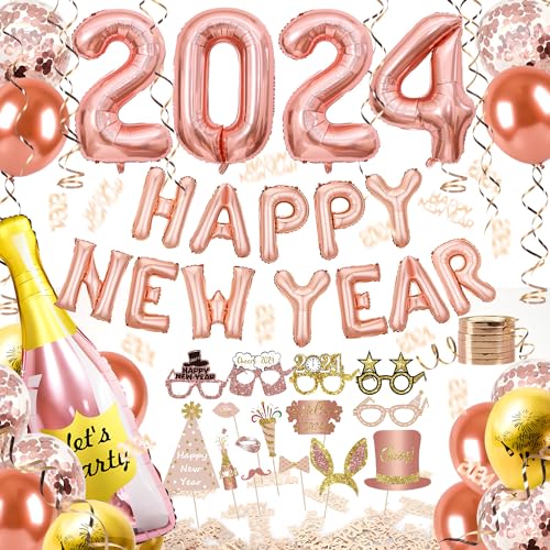 iZoeL Rosegold 2024 Silvester Deko, Happy New Year Deko Folienballon Girlande, XXL 2024 Folienballon, Silvester Ballon für Helium Luft- Neujahr Deko von iZoeL