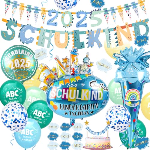iZoeL SCHULKIND 2024 Deko Einschulung Junge, SCHULKIND Girlande + 2024 Zuckertüten Girlande + Zuckertüte SCHULKIND Folienballon + 15 Luftballon + 16 Konfetti Schulanfang Schuleinführung Deko von iZoeL