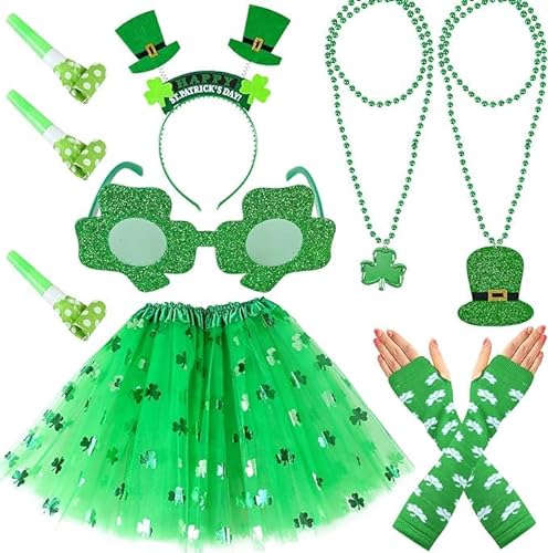 iZoeL St. Patrick's Day Accessoire Damen Mädchen Kleeblatt Tutu Stirnband Brille Halskette Handschuhe Irisches Make up Party Kostüm Feier Outfit Set von iZoeL