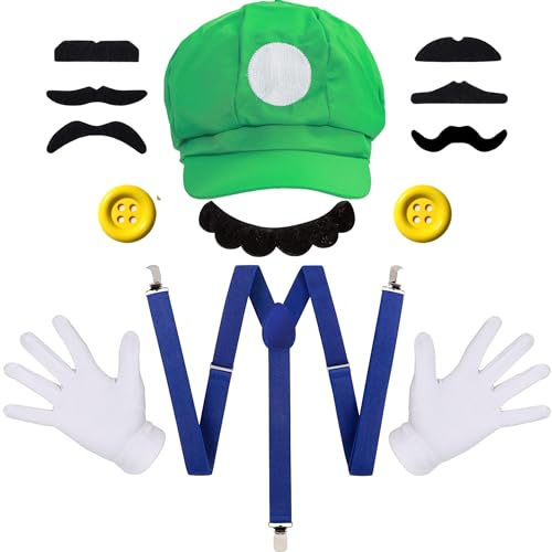 iZoeL Mario Bros Mario und Luigi Hut Kappen Schnurrbärte Handschuhe Knöpfe Hosenträger Cosplay Kostüm Zubehör für Faschingkostüme Damen Herren Kind Halloween Outfits Karneval Kostüm von iZoeL