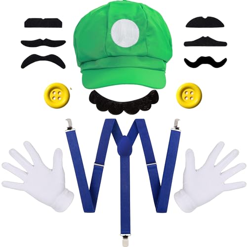 iZoeL Mario und Luigi kostüm Hut Kappen Schnurrbärte Handschuhe Knöpfe Hosenträger Cosplay Kostüm Zubehör für Faschingkostüme Damen Herren Kind Halloween Outfits Karneval Kostüm von iZoeL