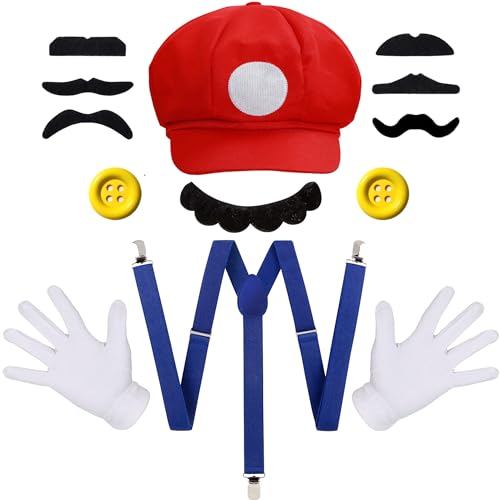 iZoeL Mario und Lui gi KostümHut Kappen Schnurrbärte Handschuhe Knöpfe Hosenträger Cosplay Kostüm Zubehör für Faschingkostüme Damen Herren Kind Halloween Outfits Karneval Kostüm von iZoeL
