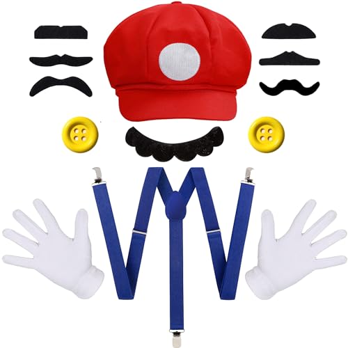 iZoeL Mario Bros Mario und Luigi Hut Kappen Schnurrbärte Handschuhe Knöpfe Hosenträger Cosplay Kostüm Zubehör für Faschingkostüme Damen Herren Kind Halloween Outfits Karneval Kostüm von iZoeL