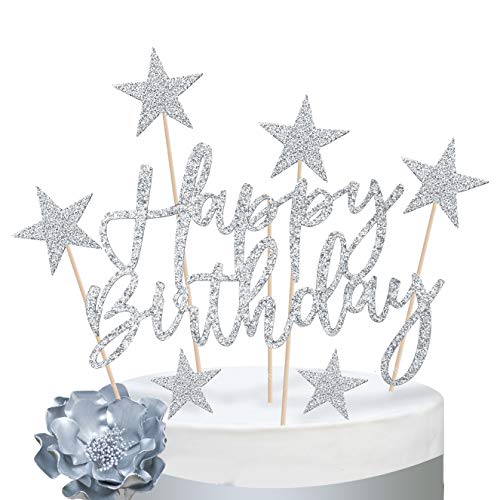 iZoeL Tortendeko Silber 2set Happy Birthday 20pcs Sterne Cake Topper Kuchendeko Silber Geburtstag Dekoration von iZoeL