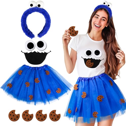 iZoeL Damen Kinder Krümelmonster Kostüm: Cookie Monster Haarreif, Blaue Tutu Rock, Augen & Mund Aufkleber, Keks Aufkleber - Damen, Kinder Kostüm für Karneval, Halloween, Fasching, Mottoparty von iZoeL