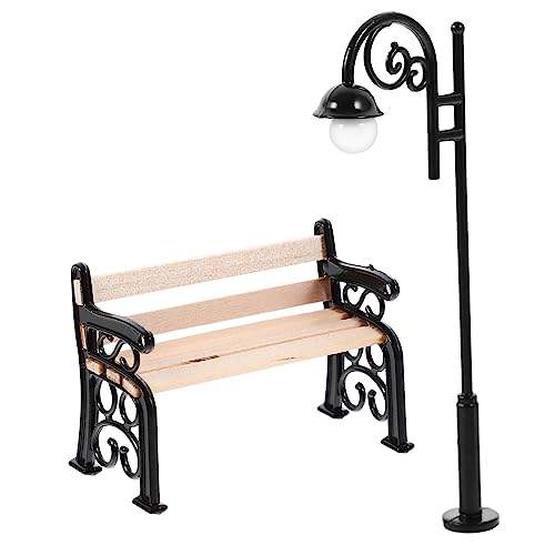 ibasenice 1 Satz Parkbank Set Puppe Miniatur Szene Lampe Mini Möbel Mini-Straßenlaternenmodell Mini-Straßenlaternendekor winziges Bankdekor Mini Laternenpfahl Parkstuhl Modell Holz von ibasenice