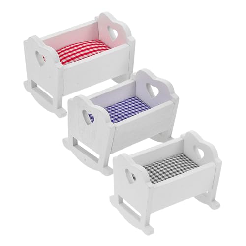 ibasenice 3 Stück Miniatur Babybett Holzwiege Puppenbett Kit Weiß Blau für Puppenhaus Dekoration Spielzimmer Zubehör von ibasenice