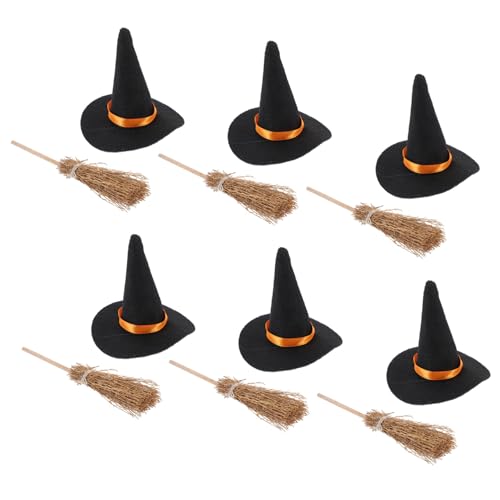 ibasenice 6 Satz Teiliges Mini-hexenhut Besen-Set aus Filz und Holz Kleine DIY Halloween Dekoration Filigrane Muster Robust Handfreundlich für Party Bastelbedarf von ibasenice