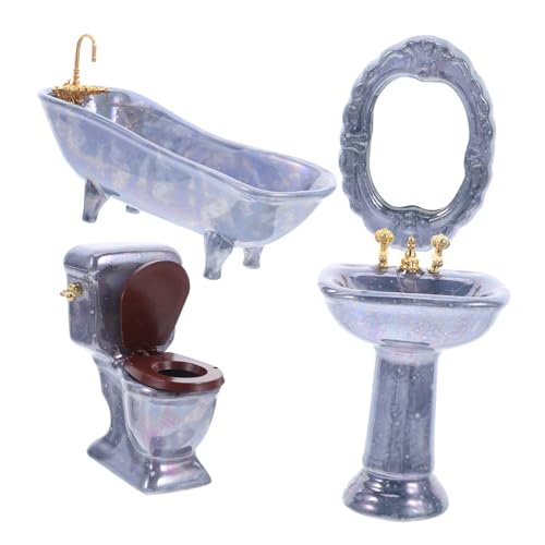 ibasenice Miniatur Badezimmer Set für Puppenhaus Porzellan Mini Dusche Badewanne Toilette Waschbecken Spiegel Stabiles Platzsparendes Möbel Zubehör für Realistische Puppenhaus Dekoration von ibasenice