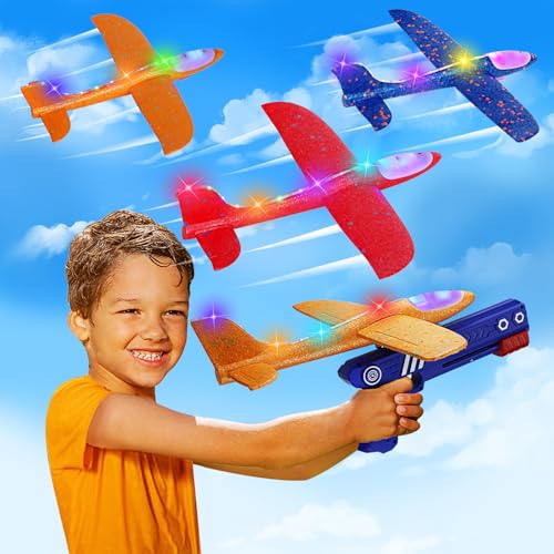 ideallife 3 Stück Flugzeug Spielzeug für Kinder - 3 Styroporflieger Wurfgleiter mit 1 Katapult Pistole - Blinkende LED-Lichter Schaumstoff Flug Gleiter für Kindergeburtstag von ideallife