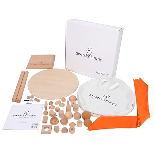 ideen.kollektiv Wackeltisch aus Holz – Balancespiel zur Förderung von Kommunikation, Geschick & Teambuilding – inkl. Tasche & 25 Holzelementen – für Coaching, Training & Teamevents von ideen.kollektiv