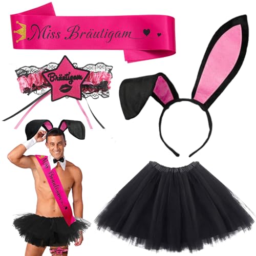 iewrtcin 4 Stück Männer JGA Kostüm Set, Junggesellenabschied Männer JGA Party Kostüm Zubehör Hochzeit Deko, Tutu-Männers, Hasenohren-Haarband, Bräutigam-Strumpfband, Miss Bräutigam Schärpe von iewrtcin