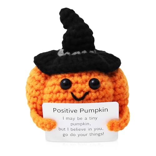 iewrtcin Positive Affirmationspuppe, Halloween-Kürbis-Häkelpuppe, positiver Kürbis, Strickpuppe mit Kartenhut, Geschenk für Thanksgiving, Halloween, Party-Dekorationen von iewrtcin