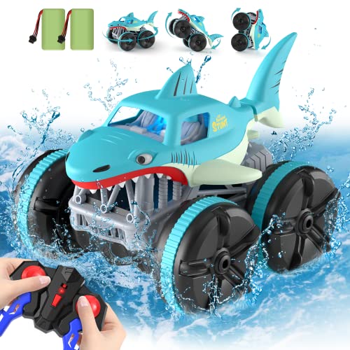 ifollower Ferngesteuertes Auto, 360°Flip Stunt RC Auto Amphibienfahrzeug in Hai Optik, 4WD mit LED Licht Monstertruck, Maßstab 1:14 mit 2 Akkus, Geschenke für Kinder Jungen Mädchen ab 3 Jahren ifollower Ferngesteuertes Auto, 360°Flip Stunt RC Auto Amphibienfahrzeug in Hai Optik, 4WD mit LED Licht Monstertruck, Maßstab 1:14 mit 2 Akkus, Geschenke für Kinder Jungen Mädchen ab 3 Jahren von ifollower
