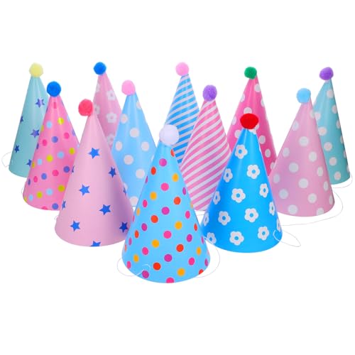 ifundom 12-teiliger Geburtstagskegelhut: Bunte Papierkegelkappe für Kinder mit Bommel für Kindergeburtstage – Party-Kopfbedeckung für Mädchen und Jungen, Fotoautomaten-Requisiten von ifundom