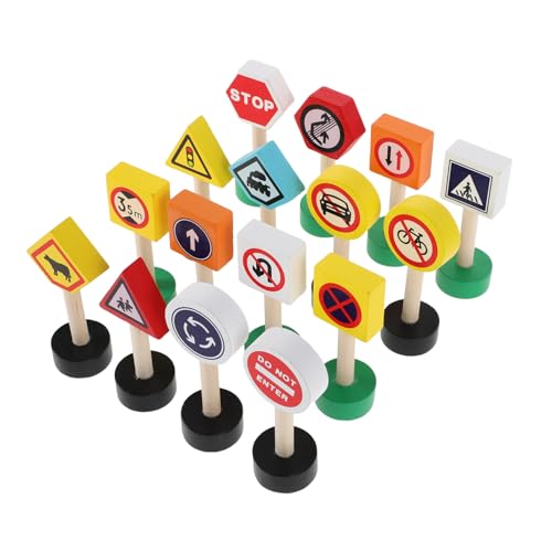 ifundom 16 Stück Teiliges Mini Holz Verkehrsschilder Spielset Pädagogisch Sichere Glatte Kanten Fördert Feinmotorik und Verkehrszeichenverständnis für Kleinkinder und Vorschulkinder von ifundom