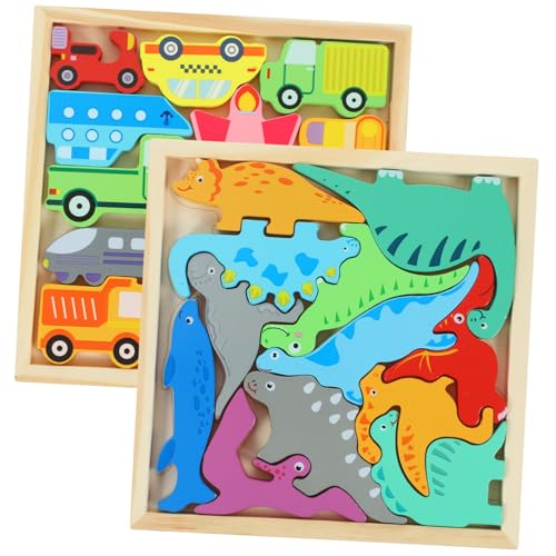 ifundom 2 Kisten Puzzle für Kinder Puzzlebrett aus Holzblöcken Stengel Dinosaurier-Rätsel für Kleinkinder Kinder rätsel verkehrsampel dinozu Cartoon-Holzpuzzle Kinderspielzeug Tier hölzern von ifundom