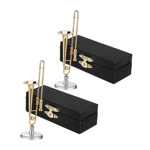 ifundom 2 Sätze Miniatur Posaune Modell Maßstab Mini Musikinstrument mit Ständer und Schwarzem Etui Realistische Details Platzsparend Sammlerstück für Puppenhaus und Musikliebhaber von ifundom