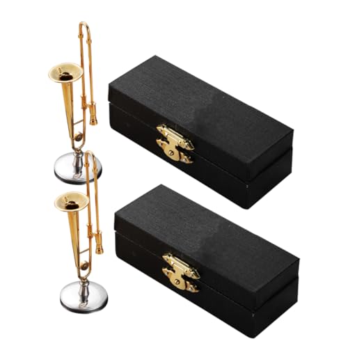 ifundom 2 Sätze Miniatur Trompete Metallmodell mit Ständer und Schwarzem Etui Mini Posaune für Puppenhaus Dekoration Tragbares Musikinstrument für Sammler und Musiklehrer von ifundom