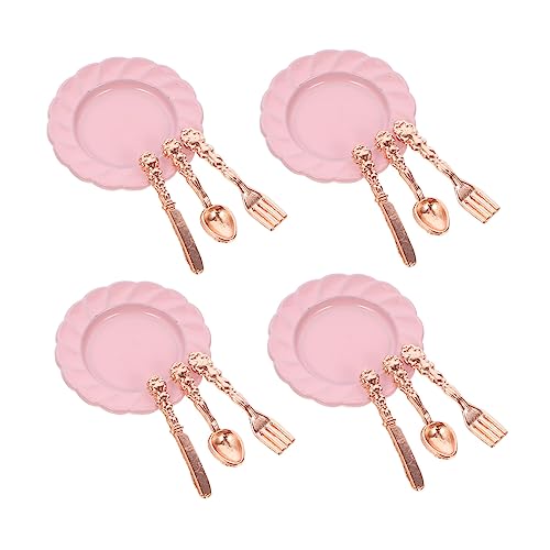 ifundom 4 Sätze Mini-Besteckset kinderküche Kitchen Puppenhaus Mini Teller Löffel Miniaturfutter Geschirrset puppenhaus mini Teller Teller Puppenhaus-Mini-Geschirrgabel Legierung Rosa von ifundom