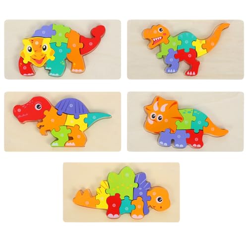 ifundom 5 Stück 3D-Dinosaurier-Puzzles Aus Holz Kleinkind-Puzzles Montessori-Spielzeug Tiere Puzzle-Spielzeug Pädagogisches Vorschulspielzeug Für Kleinkinder von ifundom
