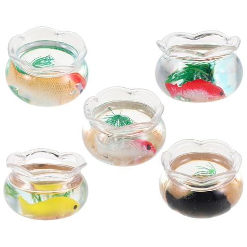 ifundom 5 Stück Teiliges Miniatur Fischglas Realistische Koi und Wasserpflanzen Dekoratives Rundes Aquarium für Puppenhaus als Mini Haustierzubehör und Mikro Landschaft Deko von ifundom