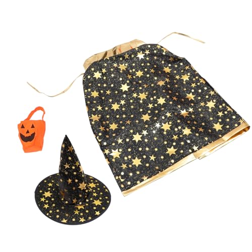 ifundom Halloween Märchen Hexenkostüm Set Für Kinder Satin Umhang Mit Hut Und Kürbis Tasche Kind Verkleidung Kinder Cosplay Schwarz von ifundom