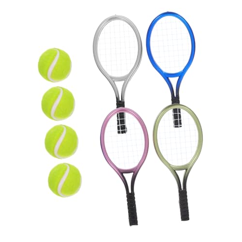 ifundom Mini Tennisracket mit Bällen Dekoratives Puppenhaus Zubehör Lustige Mini Sport Accessoires für Wohnraumgestaltung Schläger Bälle Bunte Miniatur Deko für Schreibtisch und von ifundom
