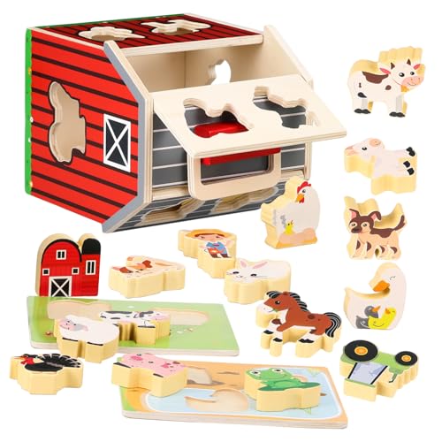 ifundom Montessori Holz Bauernhoftiere Set Holzspielzeug Scheune mit Figuren Farbenfrohe Lernspielzeuge für Kleinkinder Jahre Pädagogisch Geeignet für Feinmotorik und Kognitive Entwicklung von ifundom